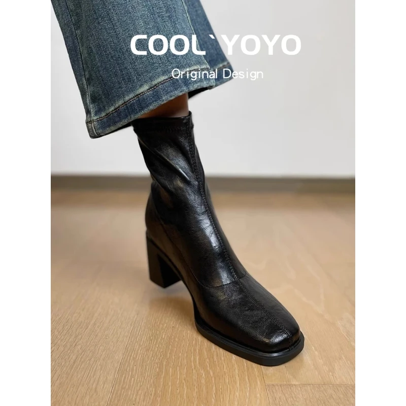 超软羊皮~法式方头弹力瘦瘦靴女粗跟高跟短靴通勤秋冬复古黑色靴