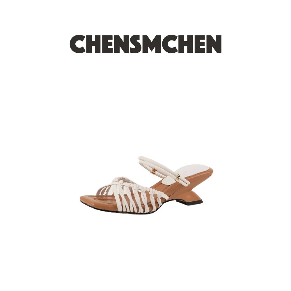 CHENSMCHEN 法式复古编织镂空方头露趾异性跟凉拖鞋6705