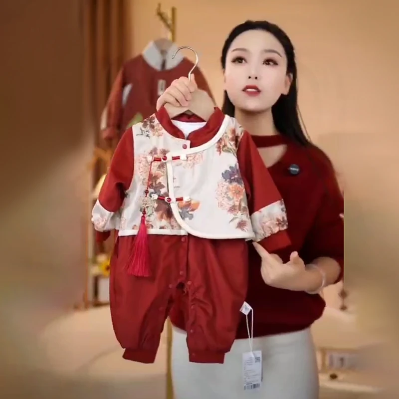 婴儿秋装连体衣新生儿男女宝宝中国风红色礼服周岁百天喜庆外出服