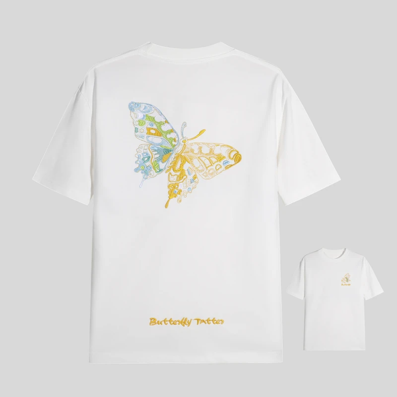 225蝴蝶重工国潮刺绣短袖T恤男女同款情侣宽松圆领半袖中国风