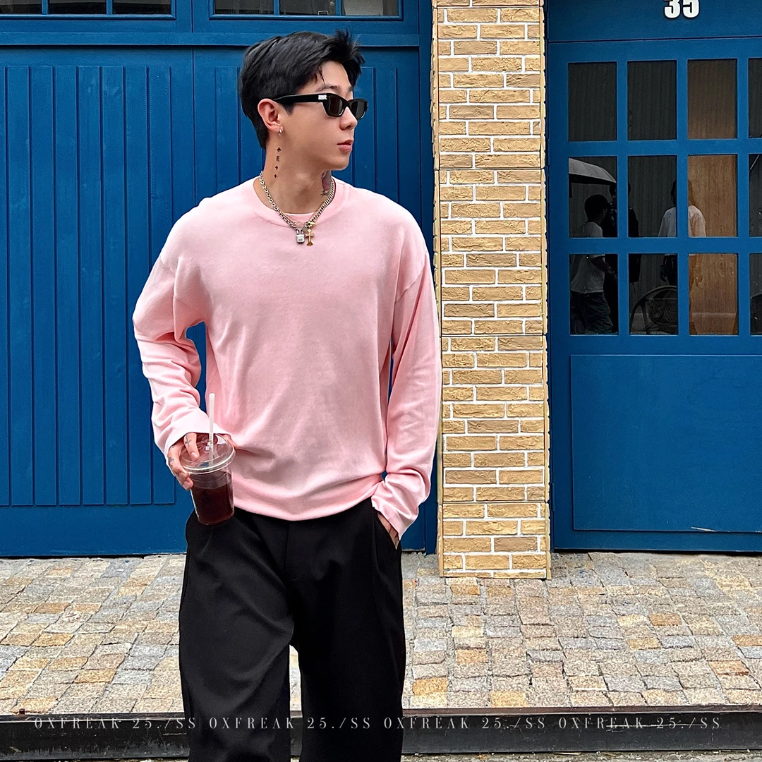 OXFREAK「多巴胺粉色」基础通勤纯色长袖t恤男宽松内搭圆领打底衫