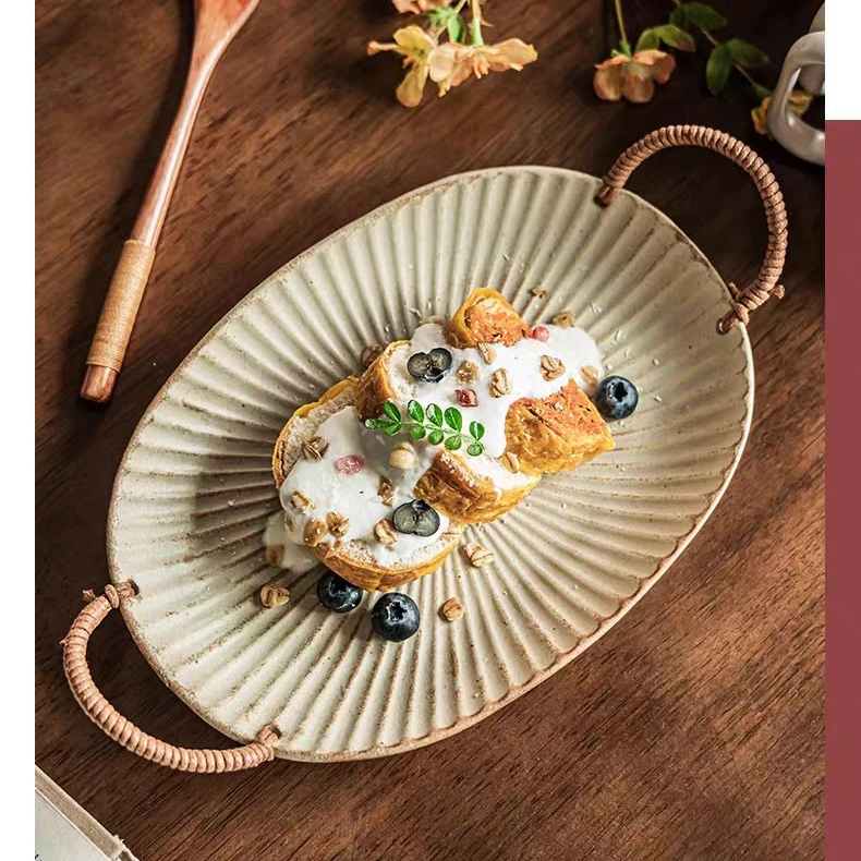 487粗陶系列绳编陶瓷鱼盘9.2寸家用盘子厨房餐具 手工拉胚