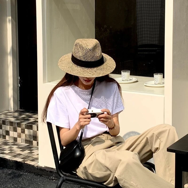 帽子巴拿马草帽女法式度假海边沙滩遮阳爵士牛仔草编织礼帽出游