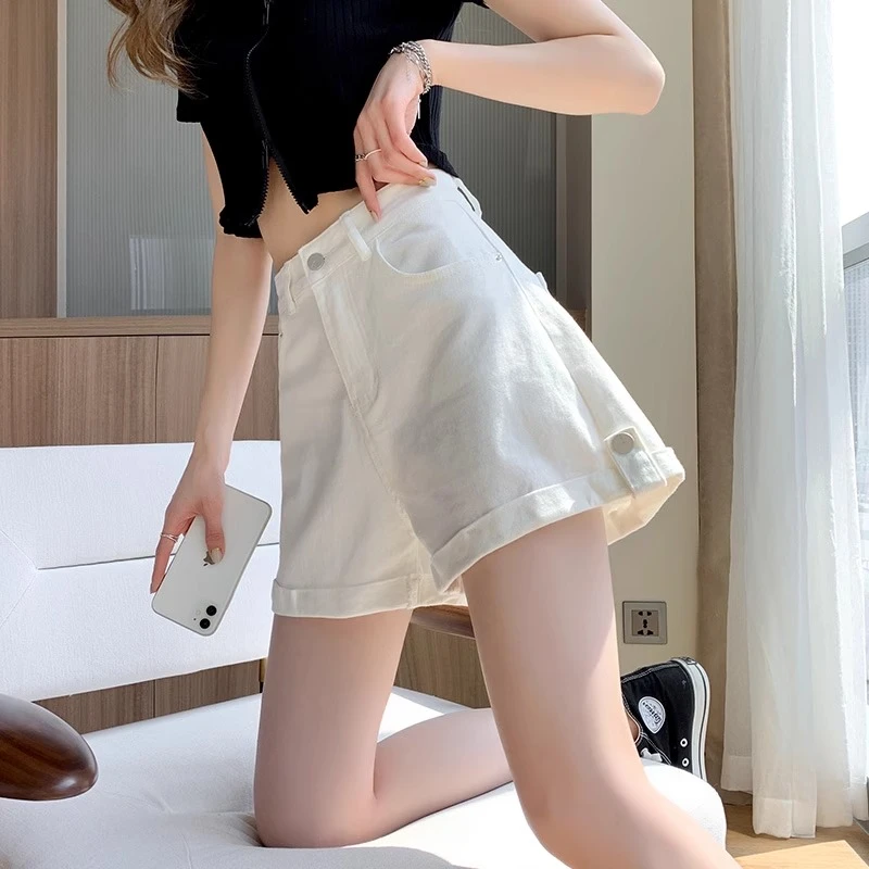 韩版百搭牛仔短裤女夏季2025新款外穿阔腿卷边小个子显瘦高腰热裤