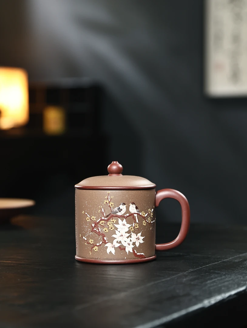 宜兴原矿紫砂粉浆雪景图紫砂盖杯500毫升