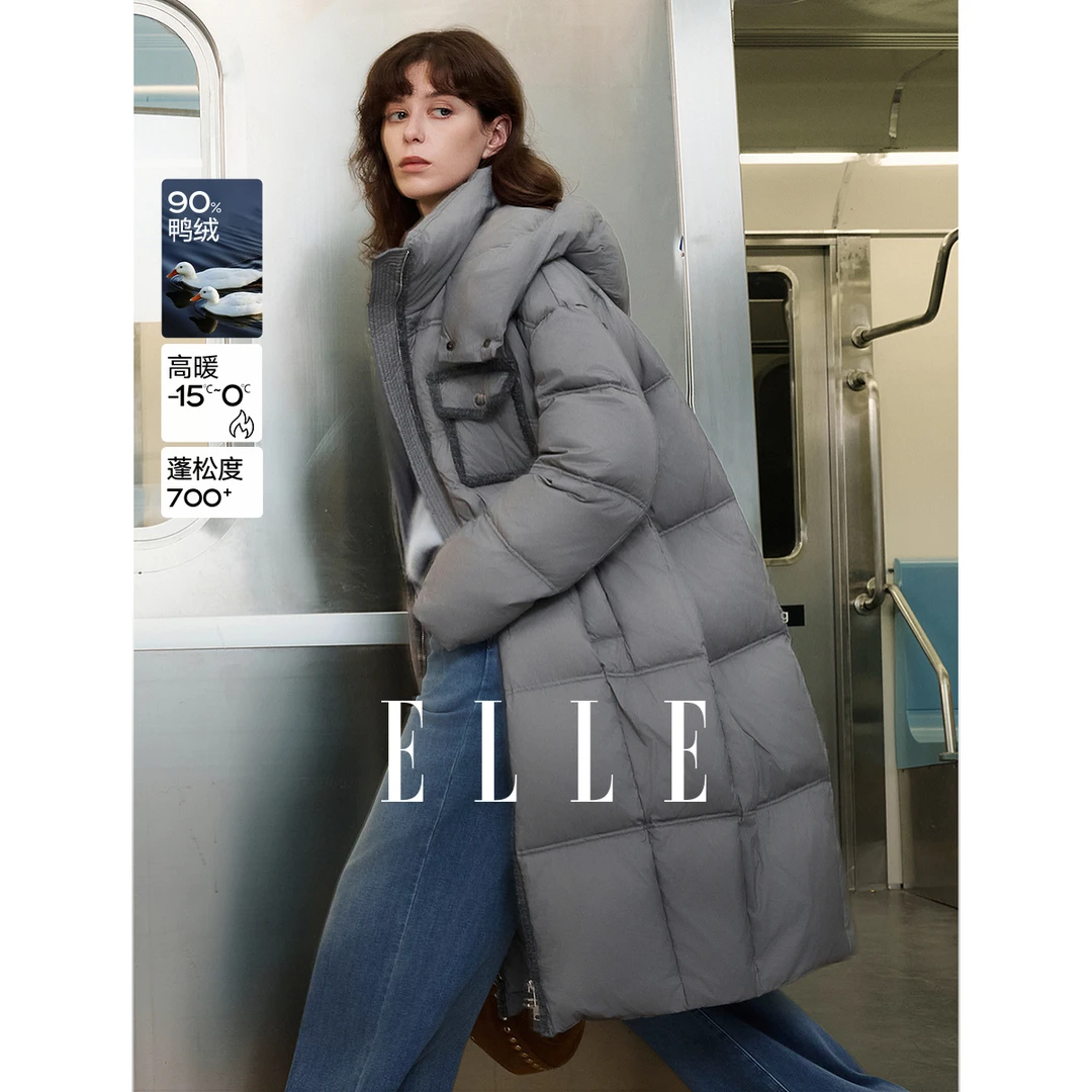 ELLE女装90白鸭绒长款羽绒服2025冬新款宽松通勤外套EY52301