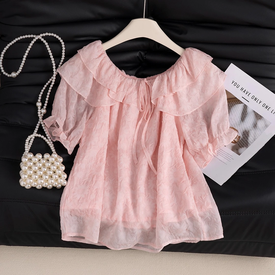 La babite 法式荷叶边一字肩上衣女春夏甜美仙气雪纺衬衫漂亮小衫