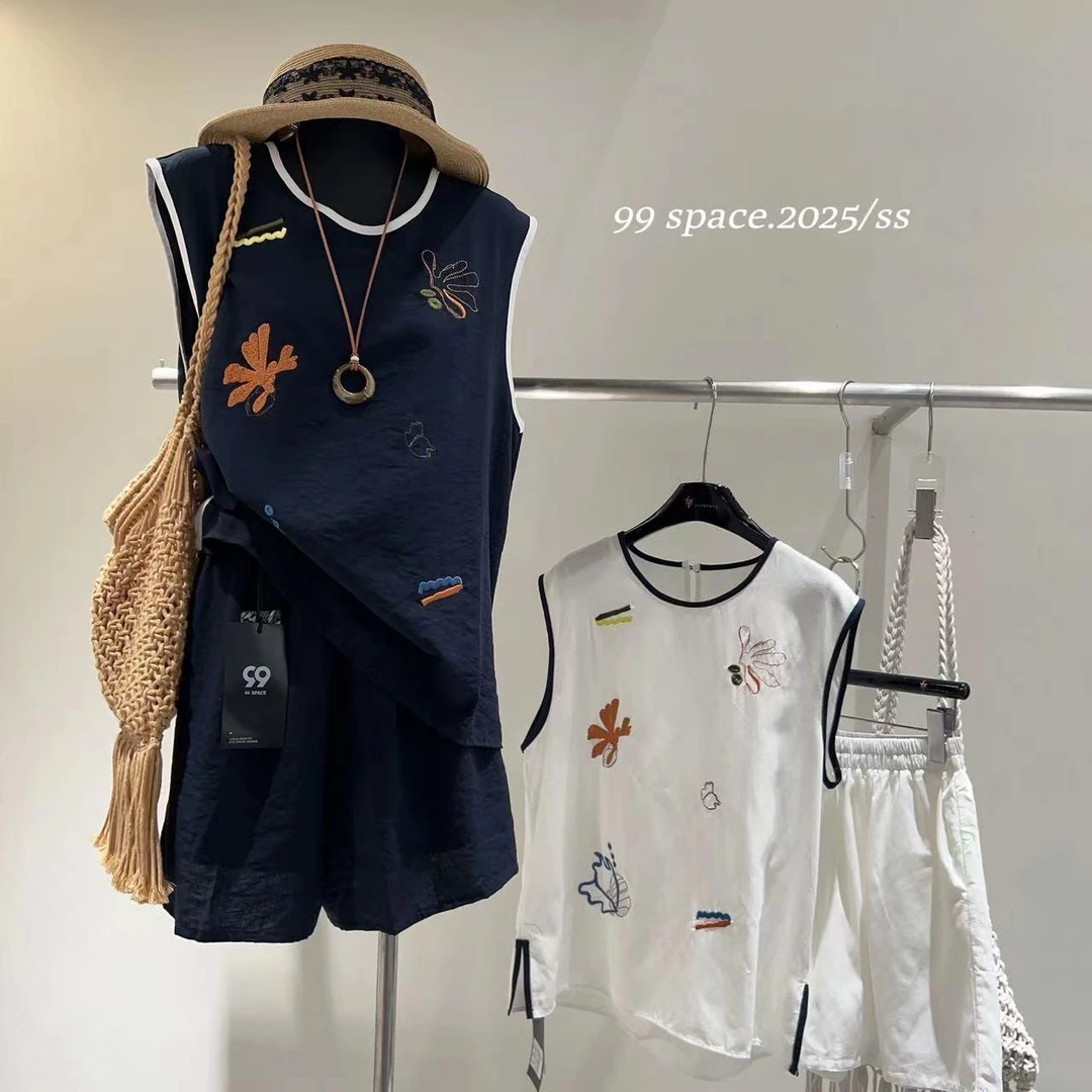 99-新款刺绣棉麻短裤套装1720