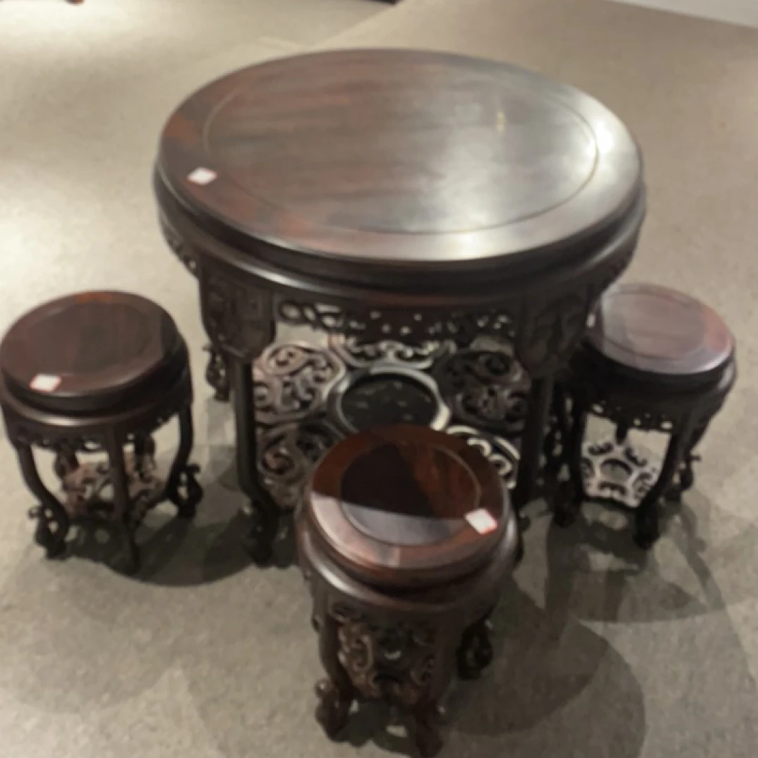 大红酸枝五子登科圆鼓桌六件套