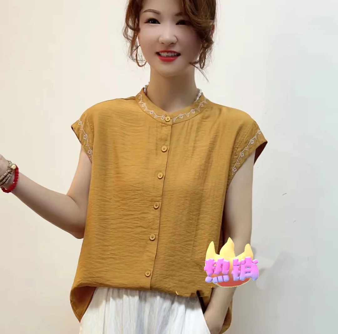 夏季新款洋气刺绣百搭显瘦减龄衬衫女气质优雅休闲纯色T恤短袖