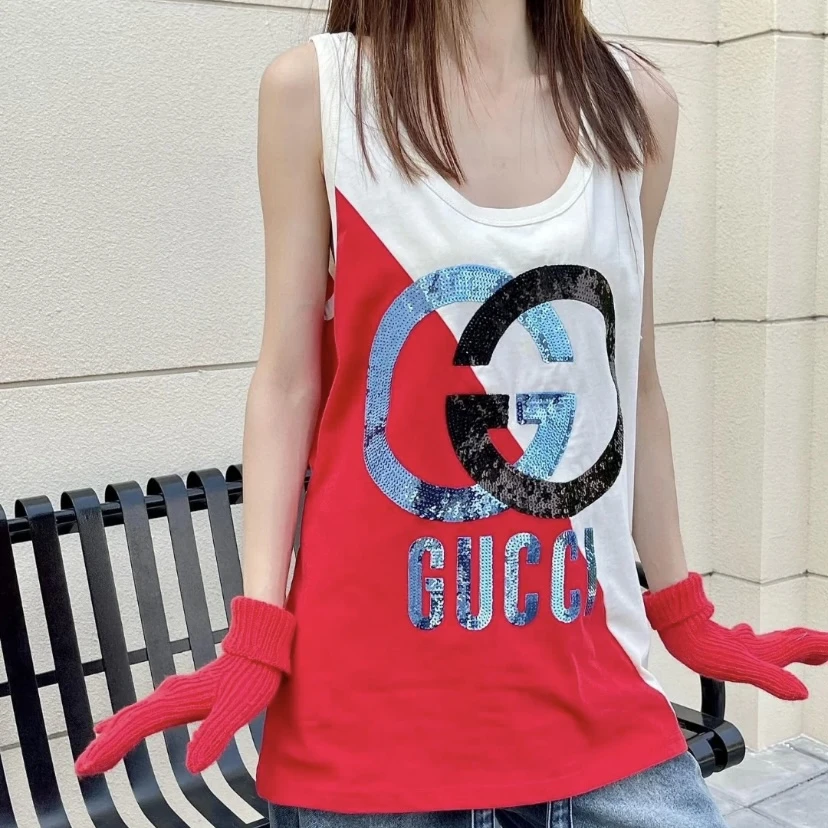 未使用 GUCCI/古驰 直筒字母亮片印花圆领无袖T恤白红背心