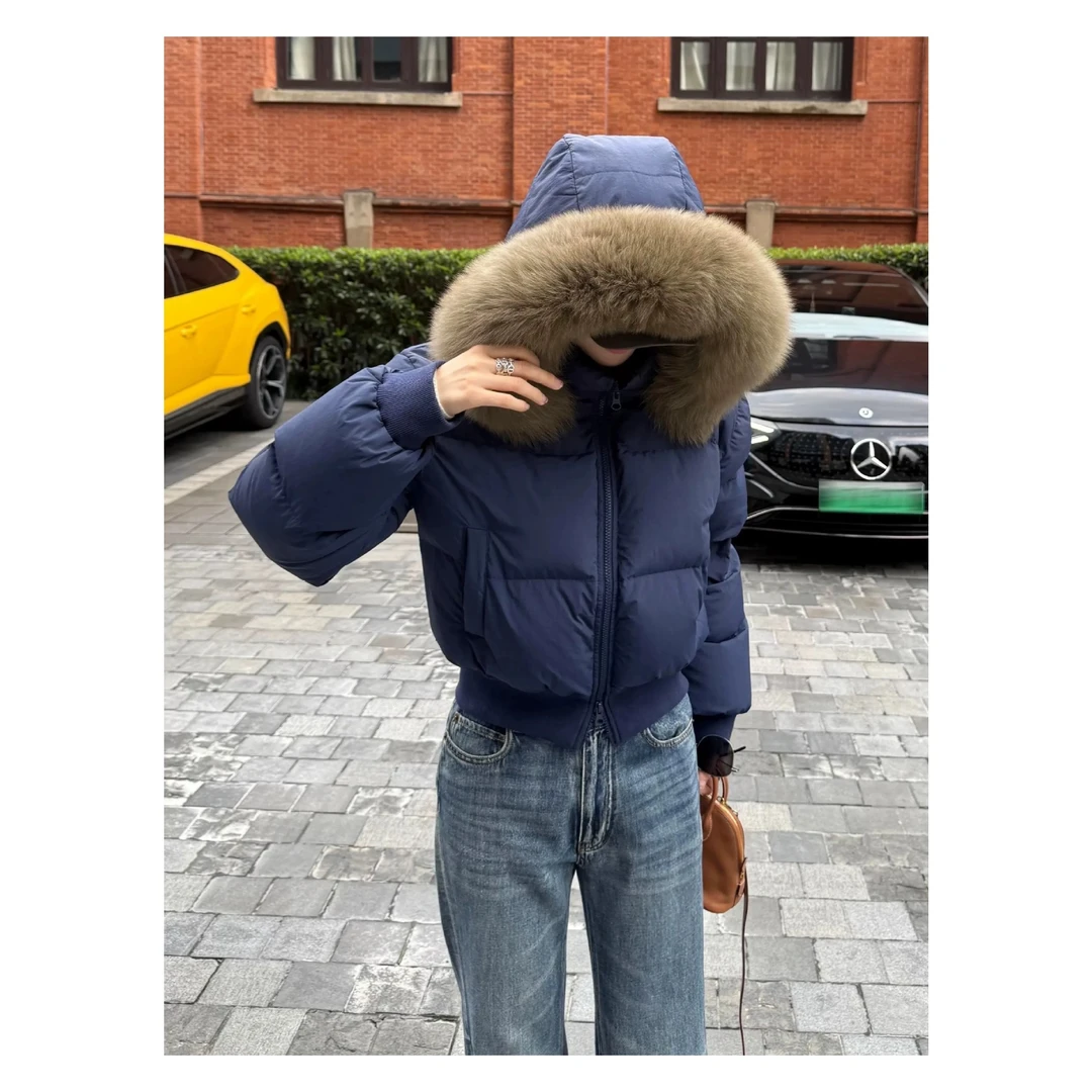 藏青色短款美式毛领羽绒服女冬季厚外套收腰肯豆面包小个子穿搭