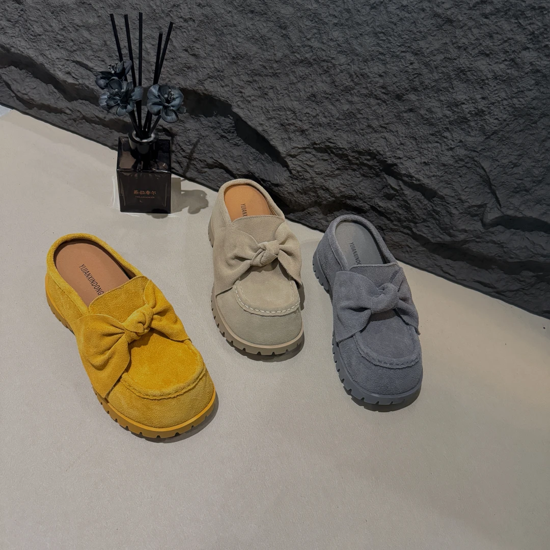 2025新款磨砂皮蝴蝶结厚底增高包头半拖女拖鞋828-1