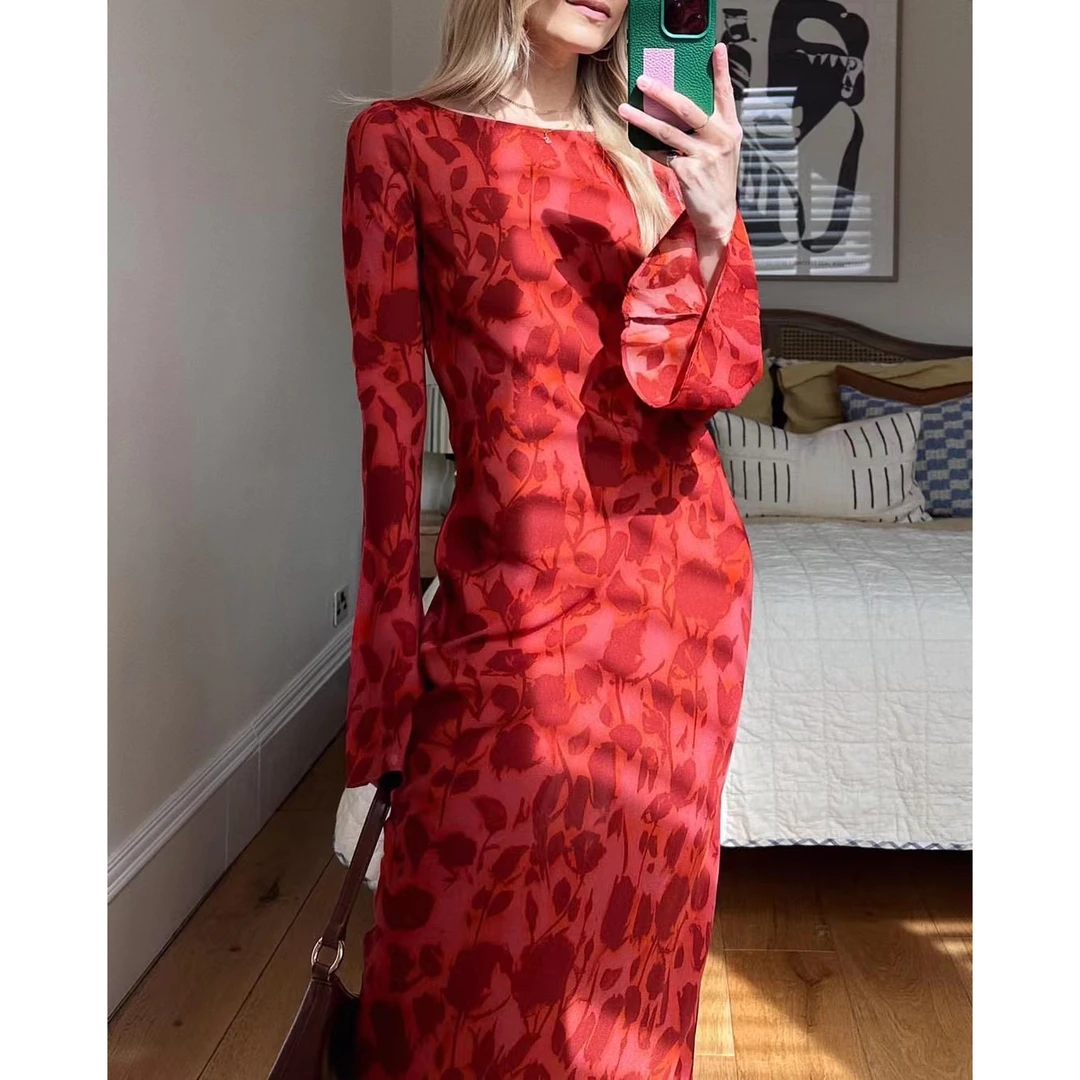 【真丝加长裙】燃烧玫瑰法式热情印花喇叭袖显瘦桑蚕丝连衣裙S-7219