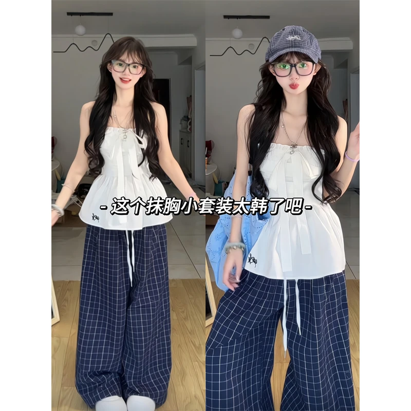 韩系夏天衣服白色蝴蝶结绑带抹胸背心收腰上衣格子休闲阔腿拖地裤