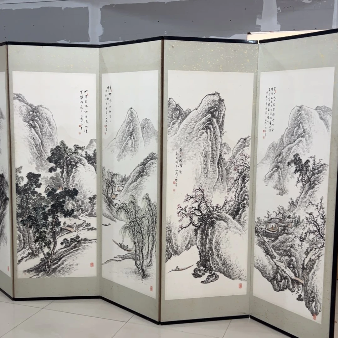 绘画6曲山水屏风框画茶空间设计