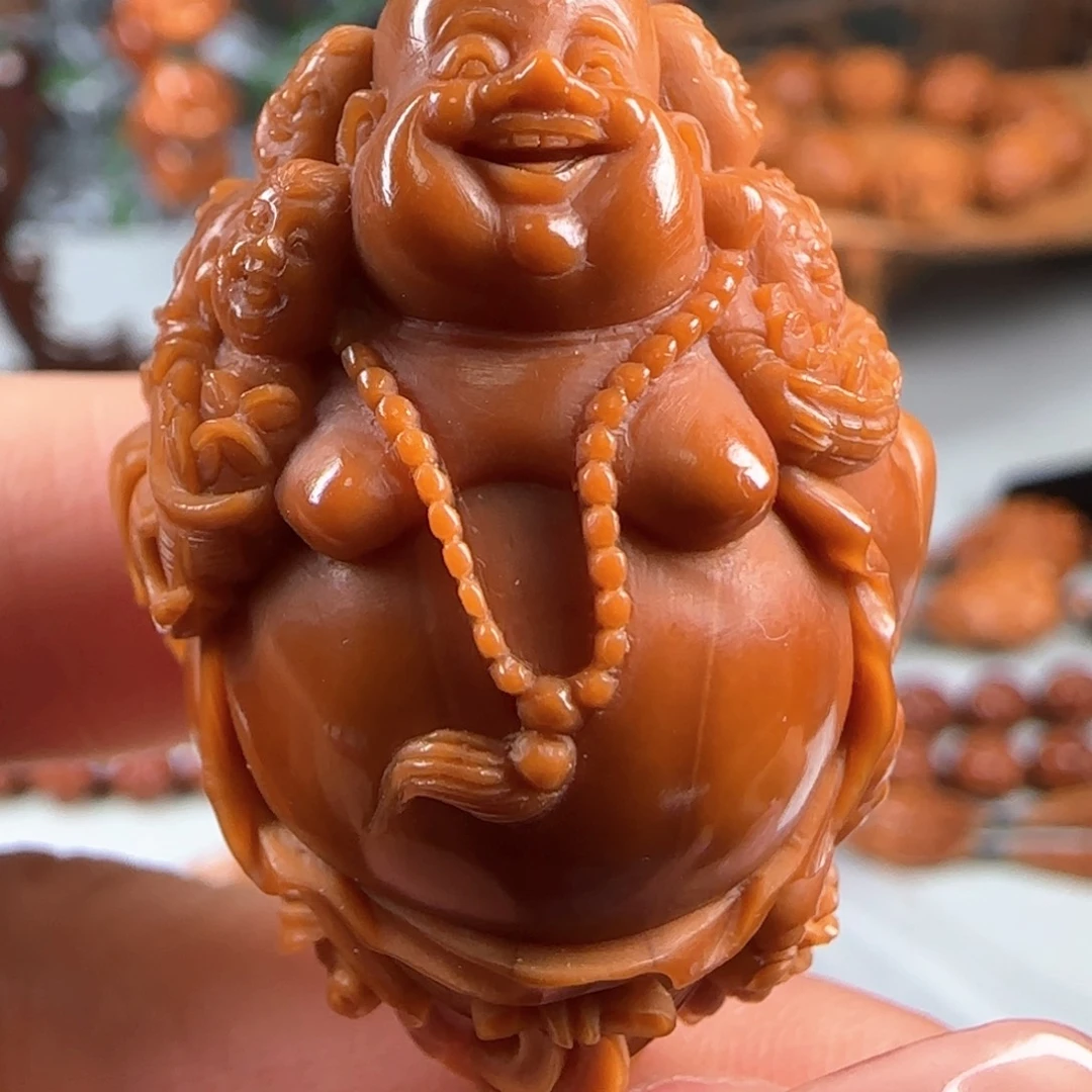 橄榄核手串/手链宽2.65鸡血红水晶核九子弥勒佛单籽