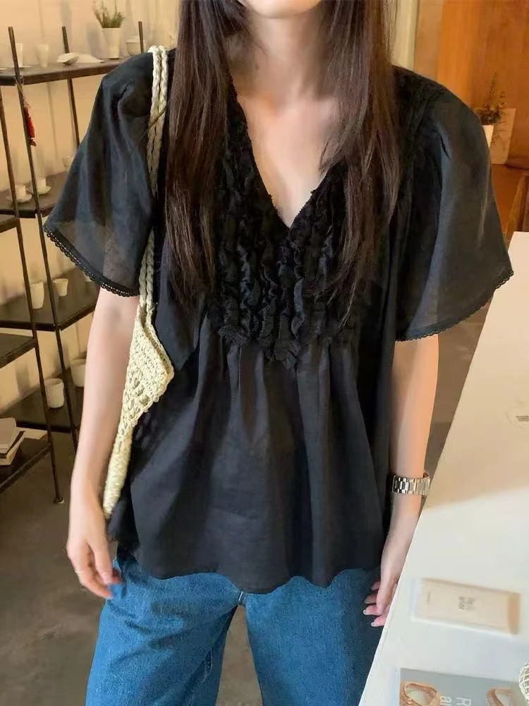 35527 丽丽--法式复古V领压褶木耳边设计小衫女