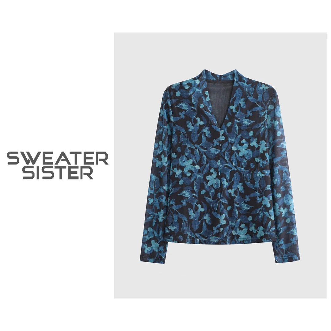 法式复古V领百搭长袖网纱打底衫女6699-257