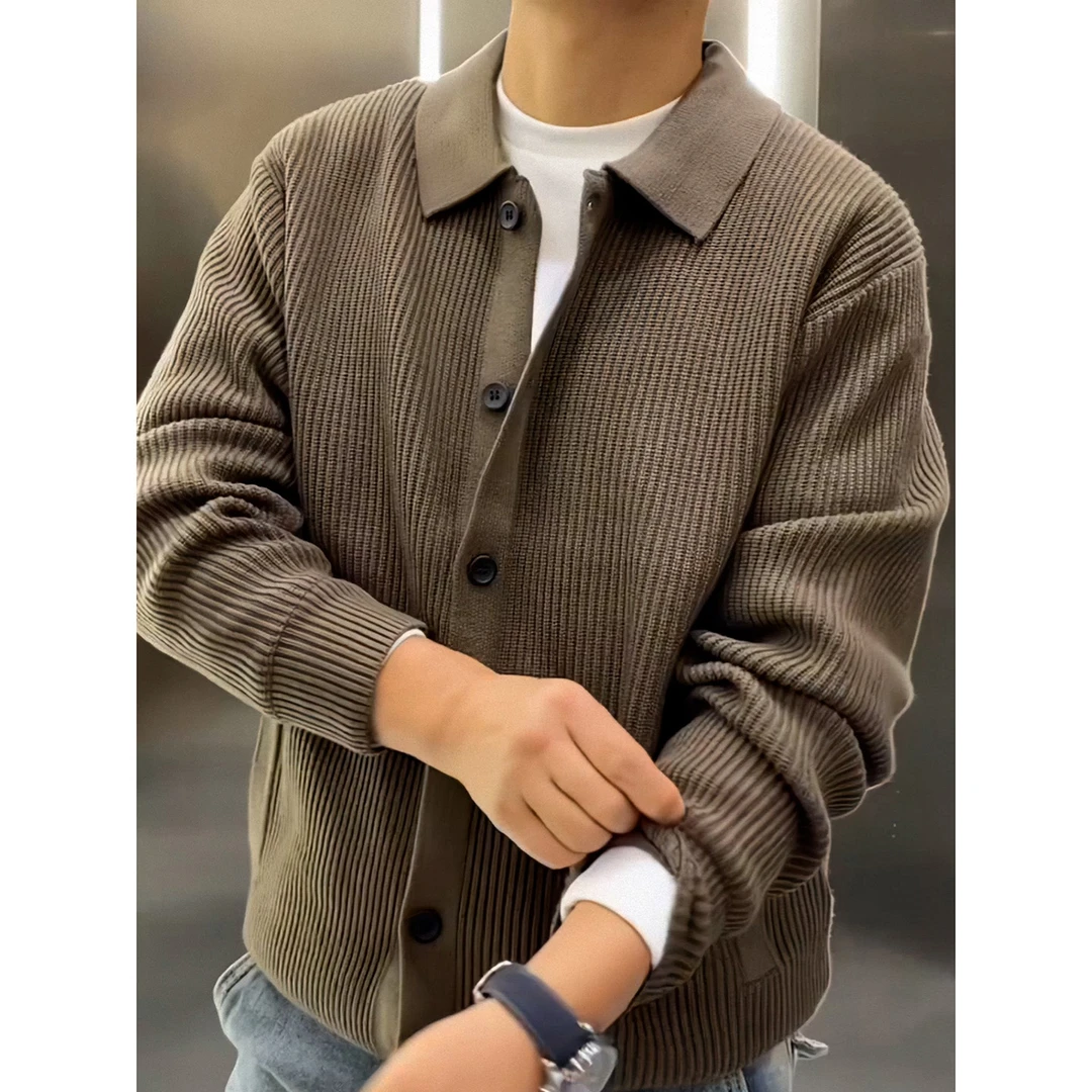 美式重磅深咖啡色开衫毛衣2025秋冬新款男士百搭简约风针织衫外套