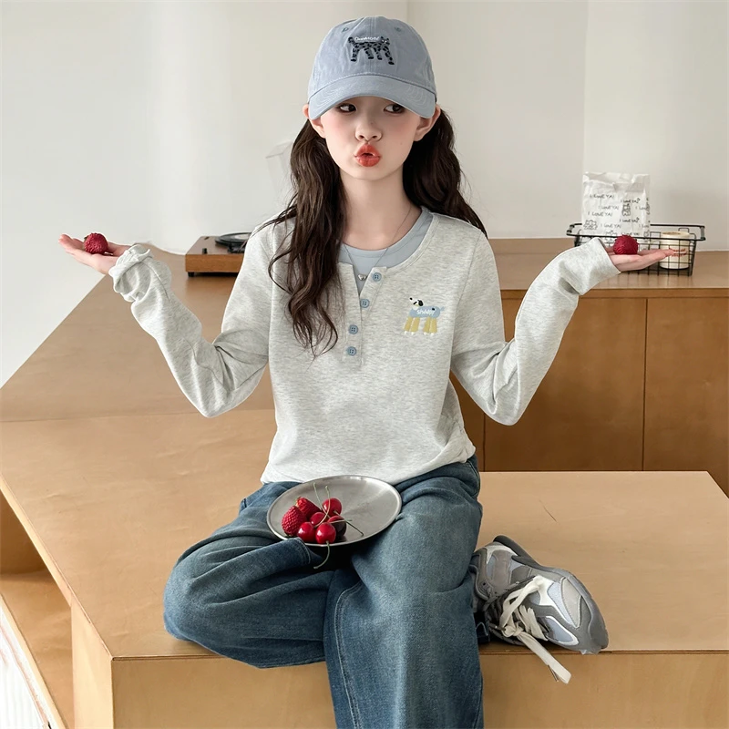 女童秋装腊肠狗假两件T恤6-12岁韩系纯棉儿童春秋15岁洋气牛仔裤