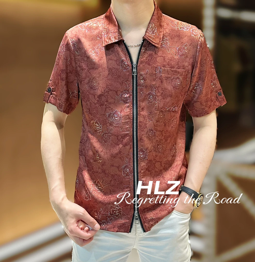 2025夏季新款修身男士休闲时尚高品质玫瑰花图案双拉链短袖衬衫