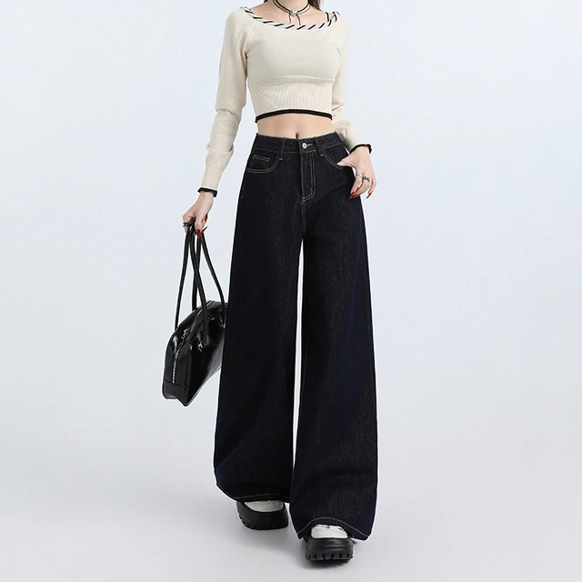 深蓝色美式复古阔腿加绒牛仔裤女2025春季高腰显瘦垂感宽松拖地裤