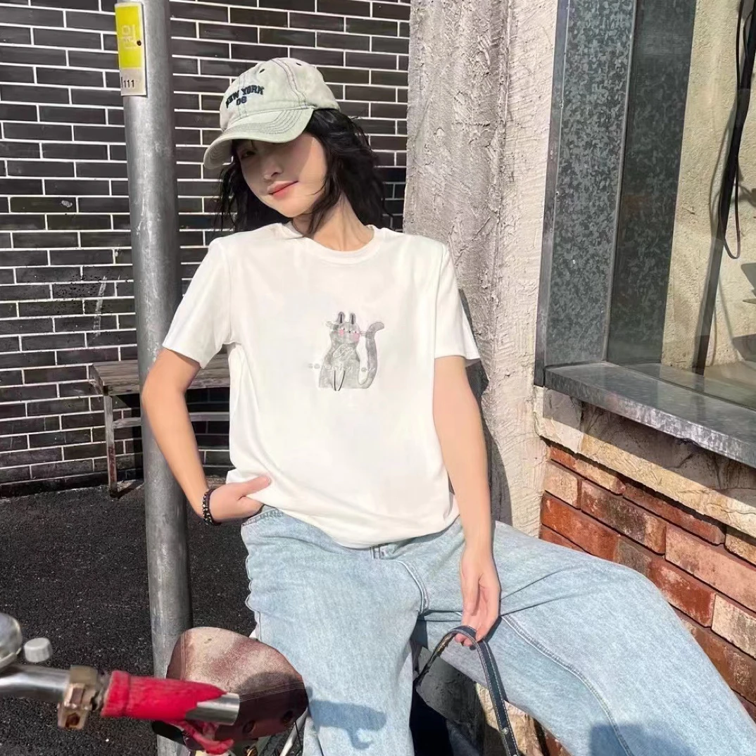 8601【不退换】重工圆领夏款短袖猫咪闪金T恤上衣半袖休闲纯棉汗衫