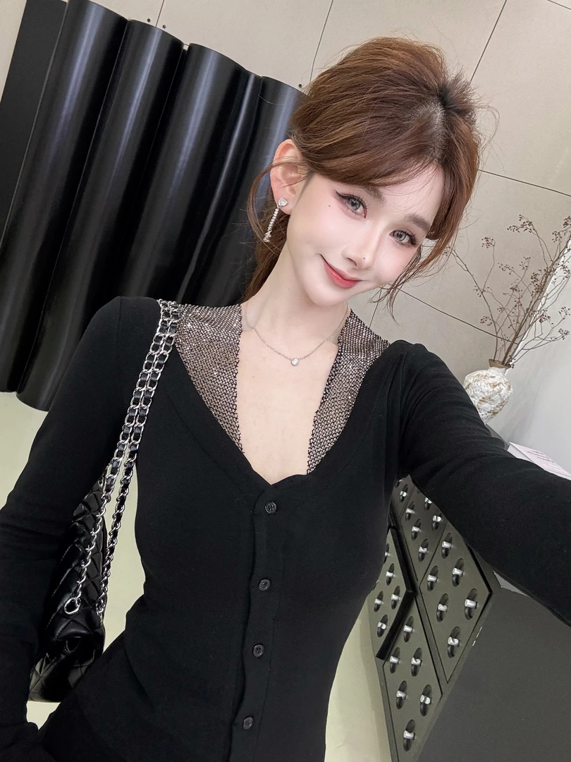 【碎钻星河】小众款！重工烫钻网纱拼接气质磨毛加绒上衣