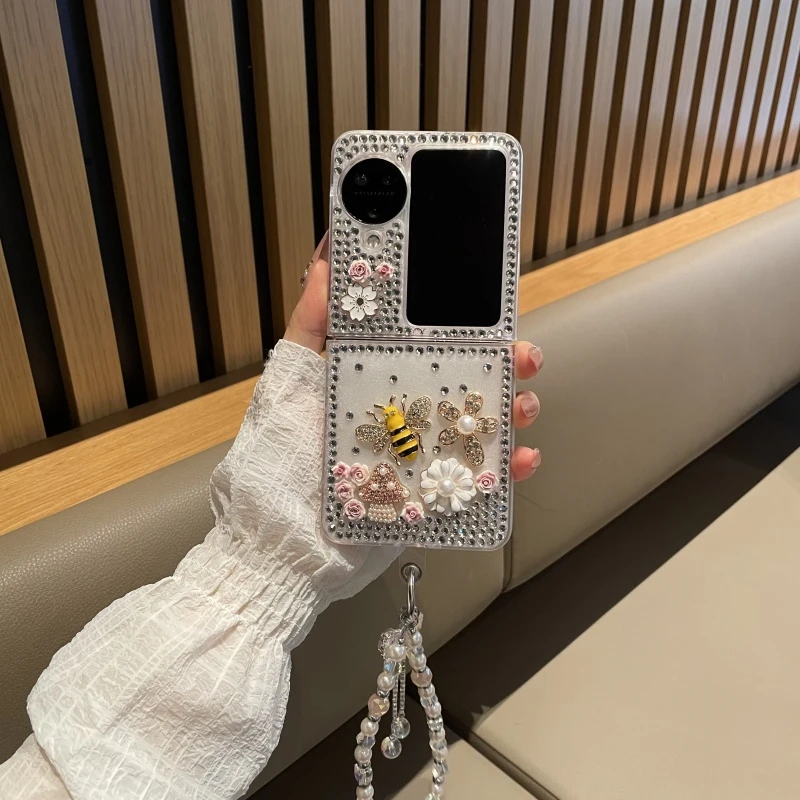 适用于oppofindn3flip手机壳奢华水钻蜜蜂花花手链n2flip保护壳潮