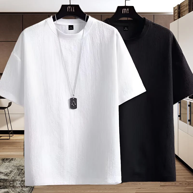 宽松大码休闲冰丝薄款T恤纯色圆领透气潮流男士百搭短袖衣服夏季