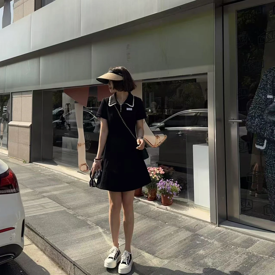 玳妮【POIO连衣裙】夏季翻领泡泡袖气质赫本风连衣裙蕾丝标显瘦长裙