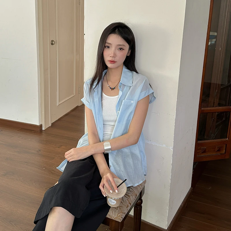 十三行宽松拼色无袖上衣内搭针织两件套中长款刺绣衬衫套装蓝色灰