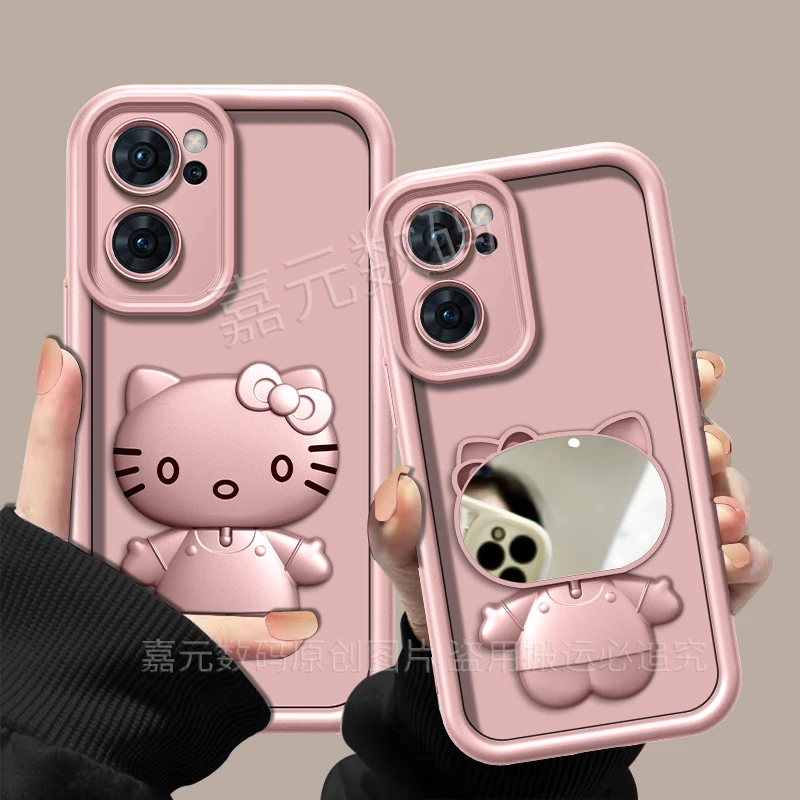 适用【opporeno7】金属漆香槟粉高级感猫咪支架手机壳防摔创意女款