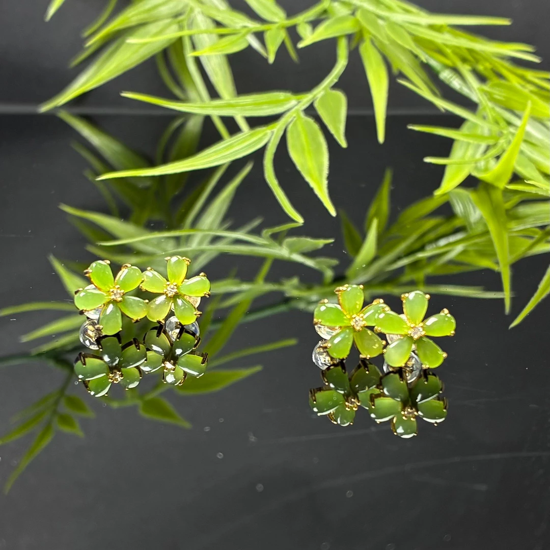 和田玉花朵耳钉【小北质检】ZJH02Z119多样性发一