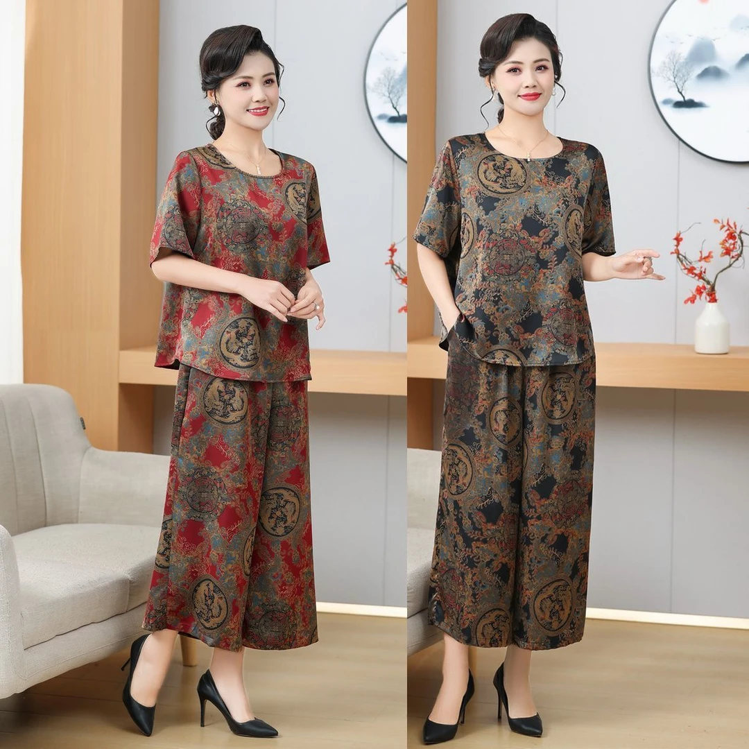 夏季中老年妈妈装两件套高端气质时尚大码宽松龙凤呈祥奶奶套装