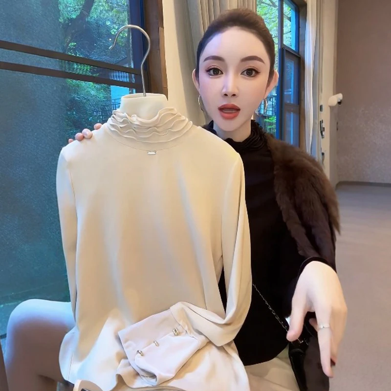 大码女装半高领加绒磨毛长袖T恤秋冬胖mm设计感木耳边打底衫上衣