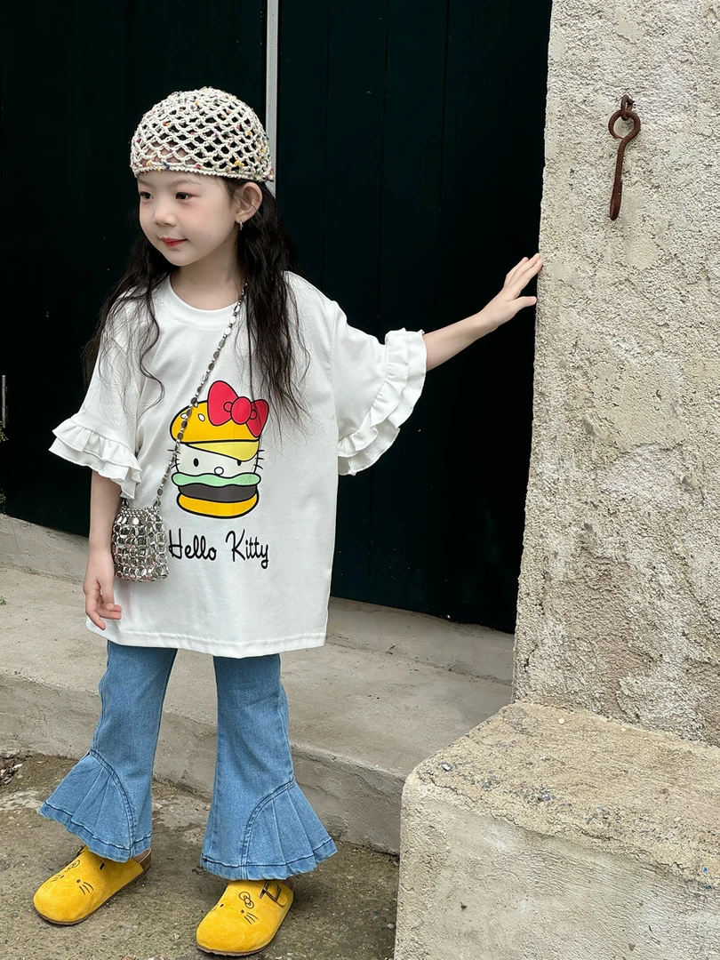 女童夏卡通印花木耳边儿童中长款宽松T恤牛仔喇叭裤微喇裤套装