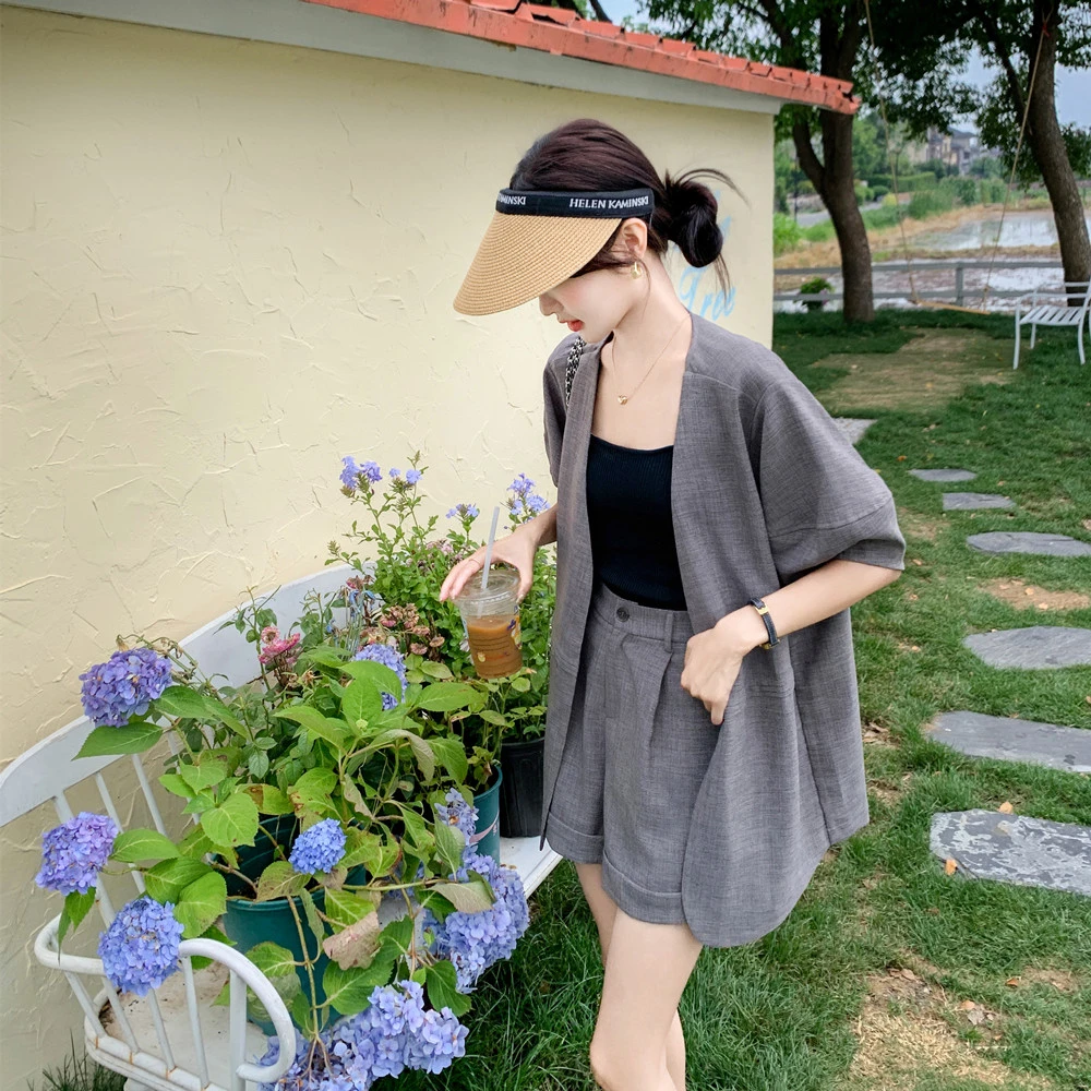 酷飒拽姐灰色西装短裤套装女夏松驰感慵懒风小个子韩里韩气不撞款
