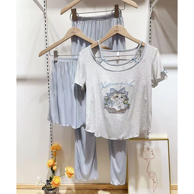 【甜梦】带杯垫三件套短袖女夏季可外穿韩系舒适假两件睡衣套装2244