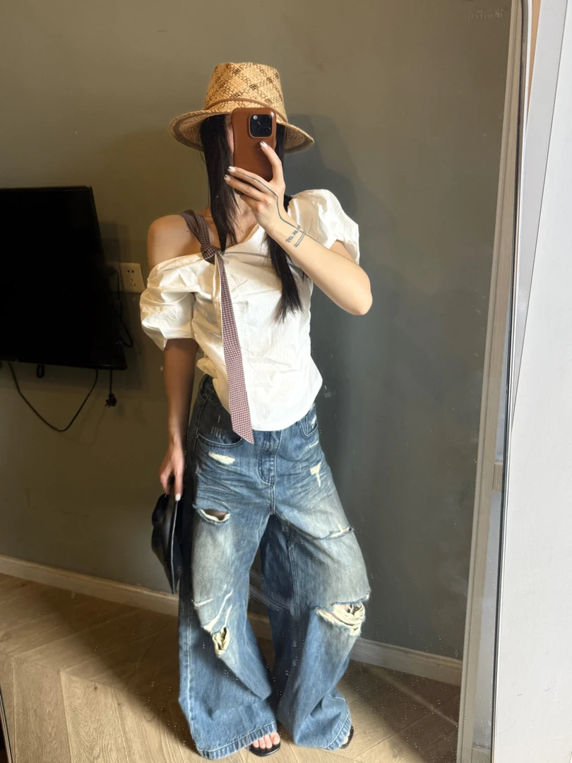 KAFU 欧货小众斜肩精致上衣