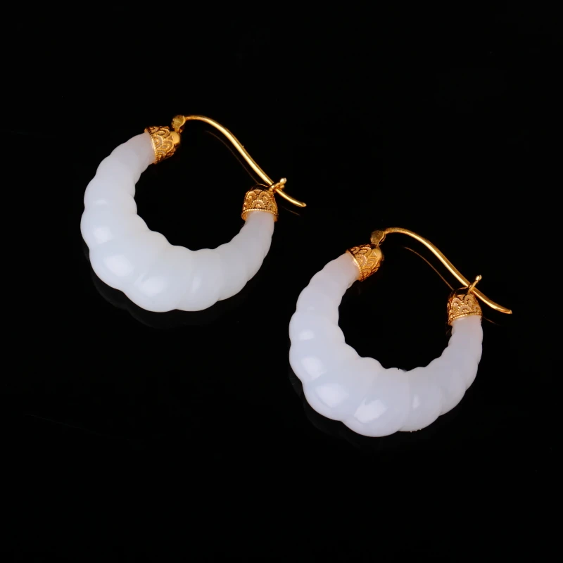 【泓贝珠宝-L340】18k金镶嵌和田玉白玉老料麻花款耳扣NGTC国检证书