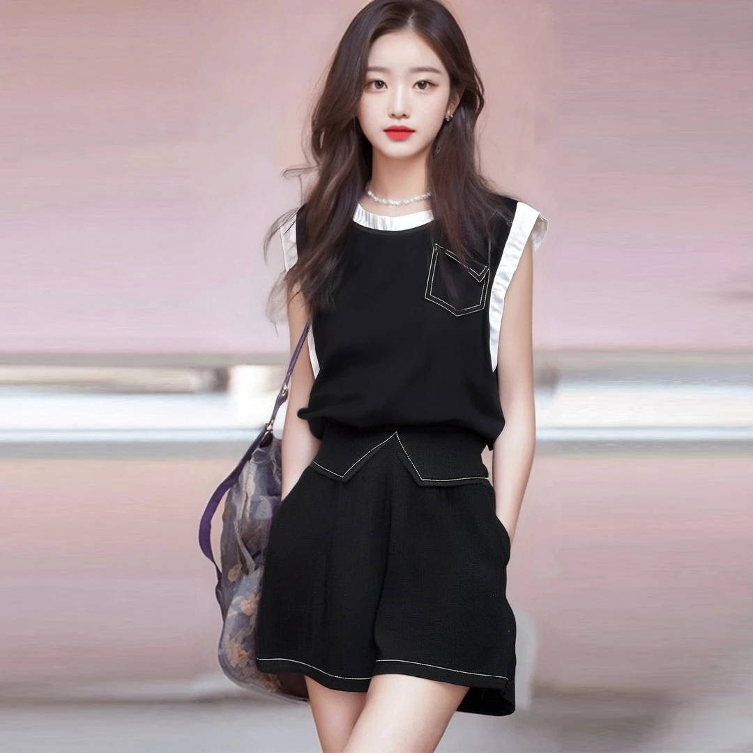 B【两件套】今年流行的夏装套装女2025新款无袖上衣短裤两件套D1902