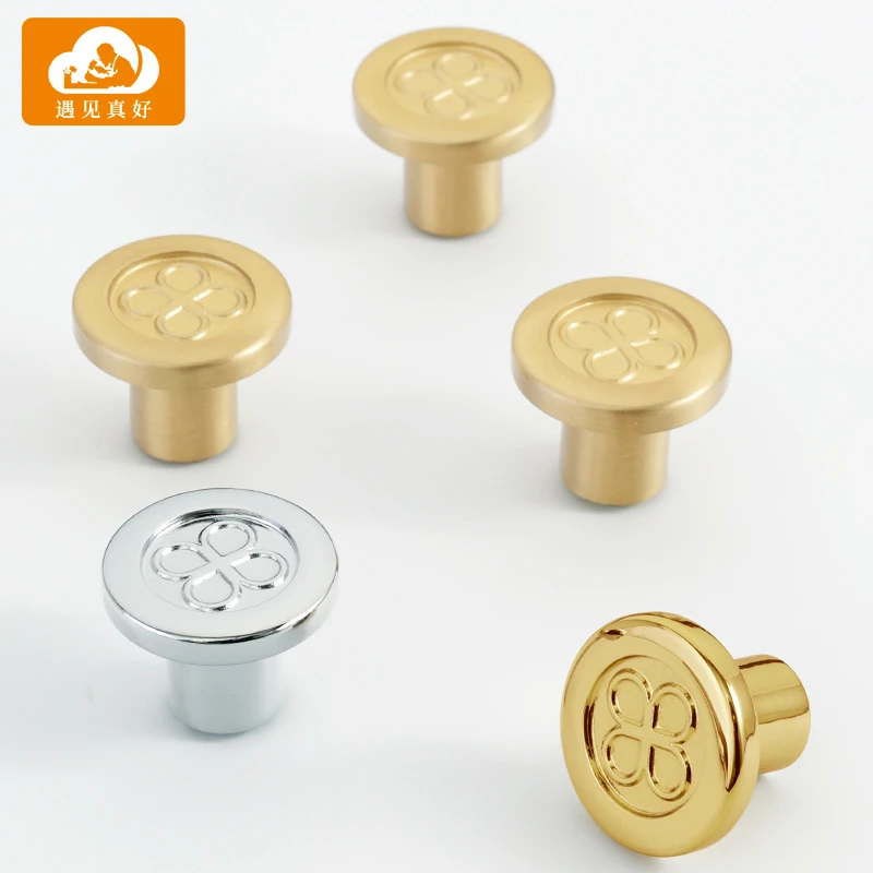 黄铜圆形拉手抽屉现代简约橱柜衣柜门厨房小把手金色银色法式单孔