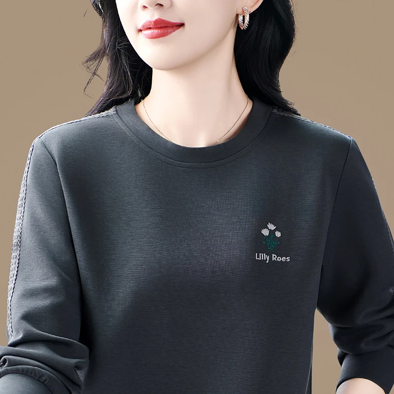 高级感套头卫衣女春秋妈妈圆领长袖外套宽松百搭减龄休闲上衣绣花