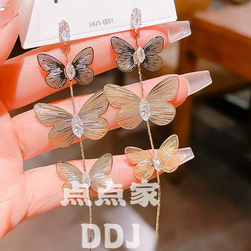 铜合金合成锆石耳饰 E-421百搭气质轻奢简约蝴蝶流苏耳环