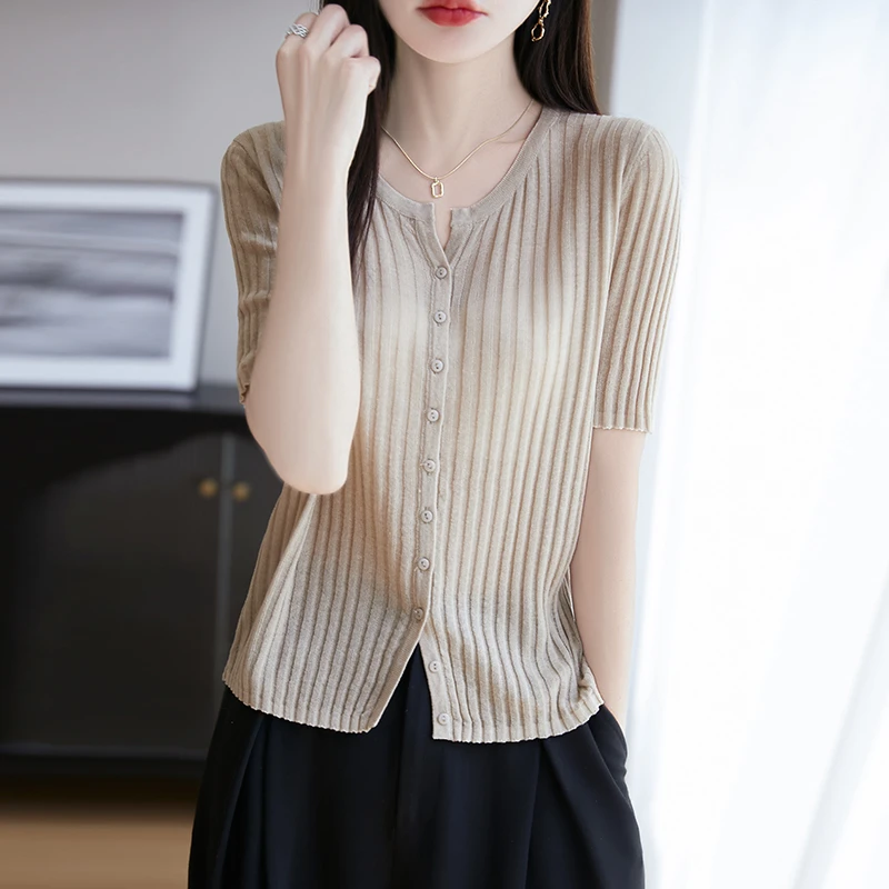 天丝亚麻短袖女半袖针织衫宽松国潮新风夏季薄款气质开衫洋气上衣
