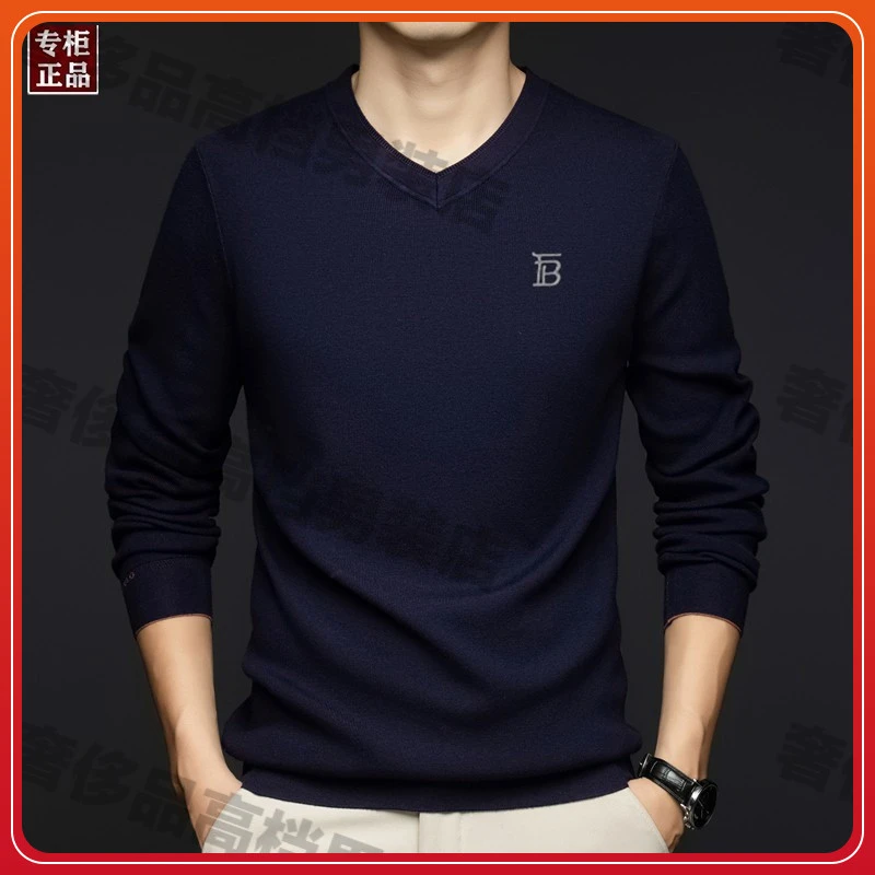 2024秋冬季男士长袖T恤羊毛衫纯色鸡心领V领刺绣保暖打底衫毛衣