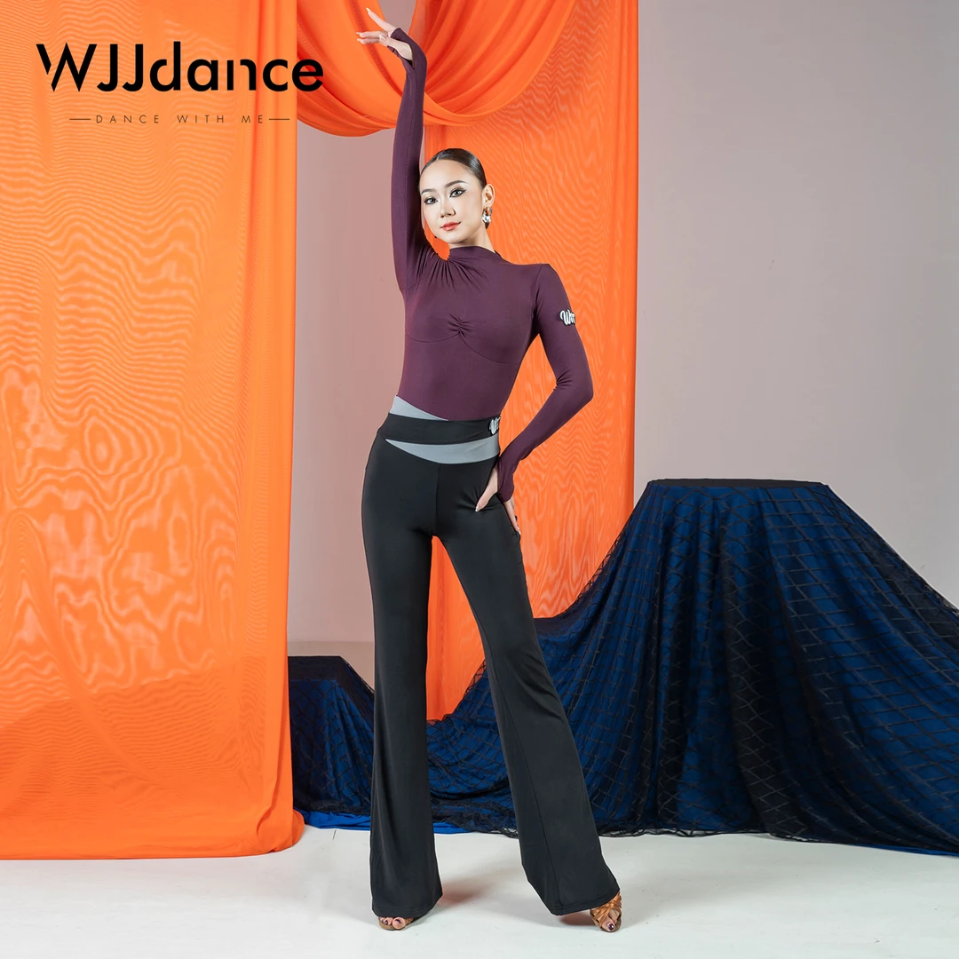 WJJdance拉丁舞裤子女成人2025新款不规则撞色高腰微喇叭国标长裤