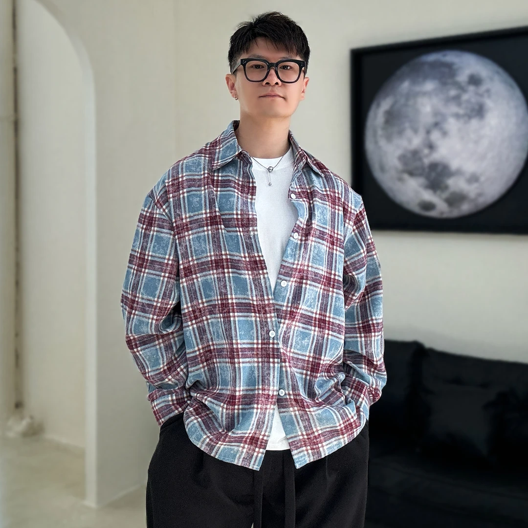 陆星家【复古红蓝格】秋季美式磨毛格子外套宽松百搭长袖衬衫C211